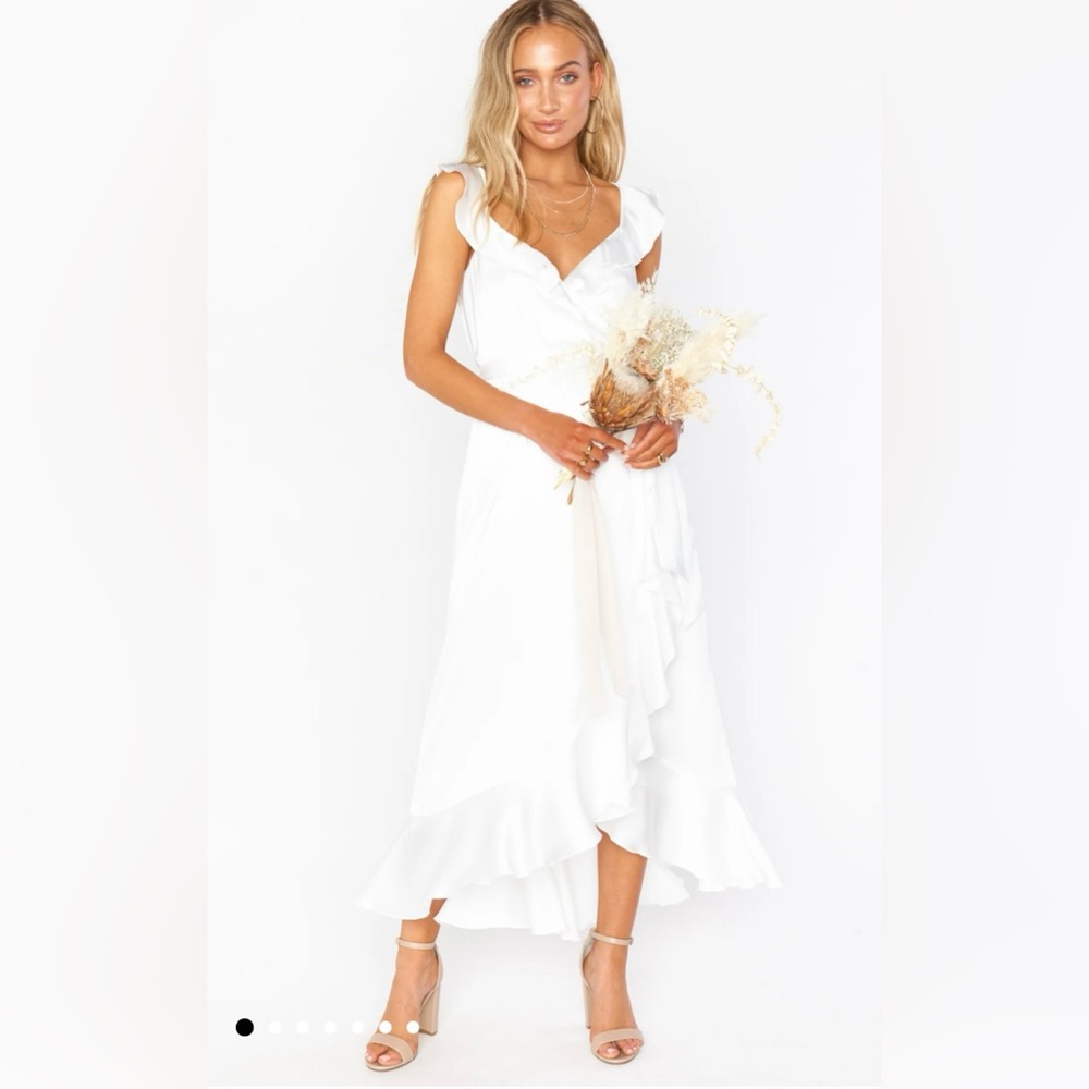 Show Me Your MuMu - Samantha Ruffle Wrap Dress in Ivory White Luxe Satin Small
